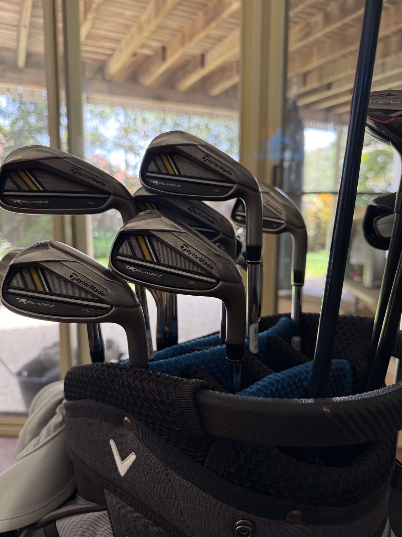 A close-up of the golf clubs ready for the weekend