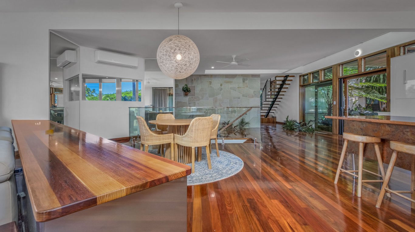 The expansive open-plan living and dining area